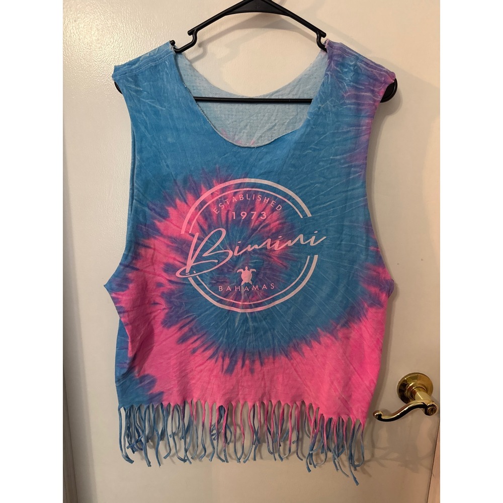 Bimini Bahamas Tie Dye Fringe Tank Top Pink Blue Souvenir Muscle Tee Sleeveless - Picture 1 of 3